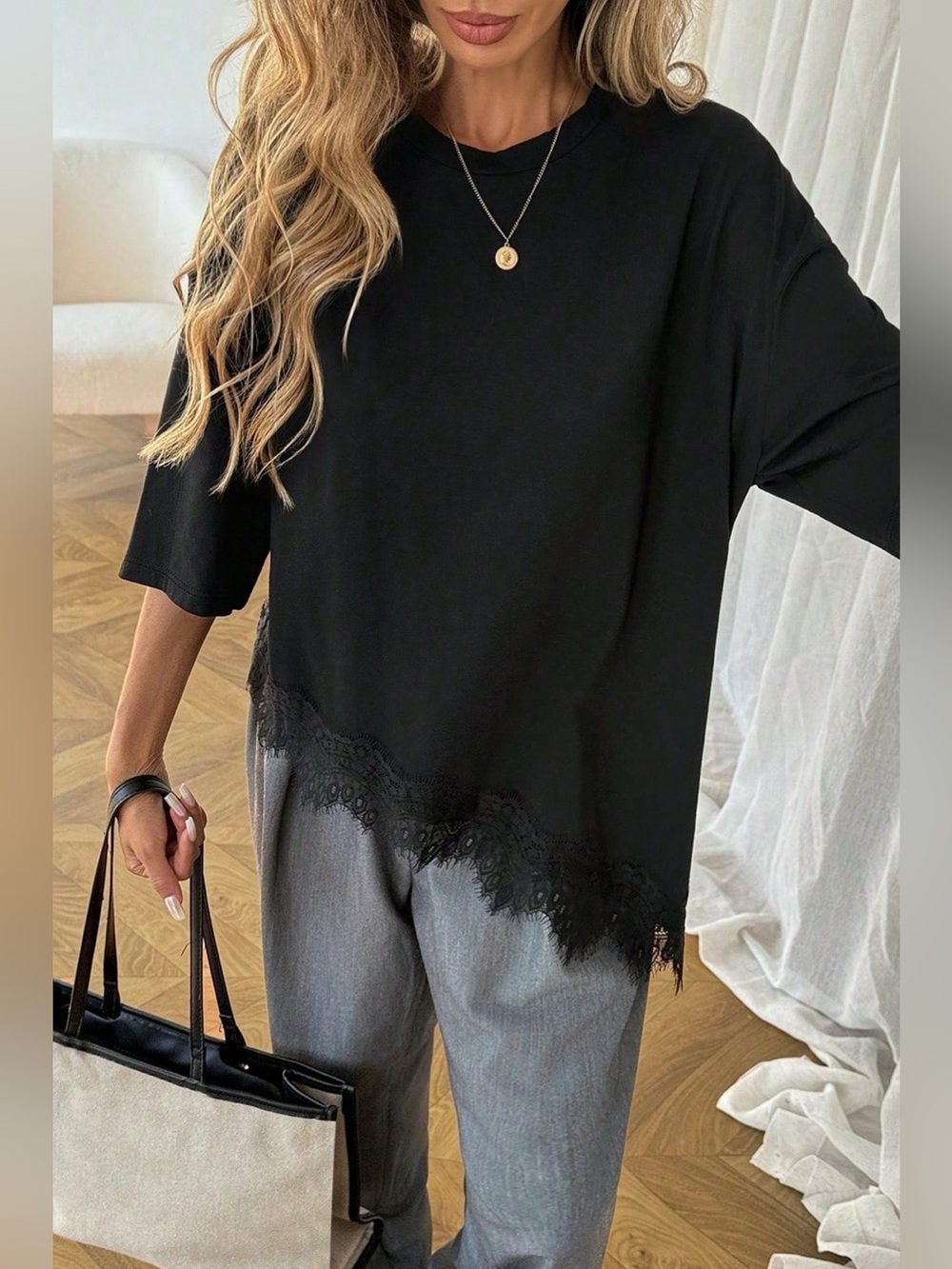 Lace Asymmetrical Hem Round Neck T-Shirt - Picture 4 of 6
